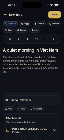 Calmory dark mode journal